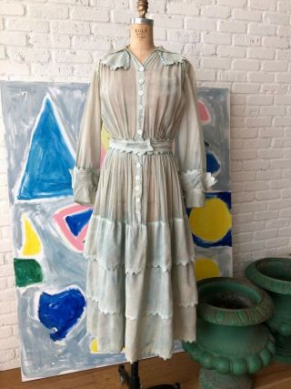 1910s Edwardian Zig Zag Gown Dress Rare Antique Blue Tiered Skirt
