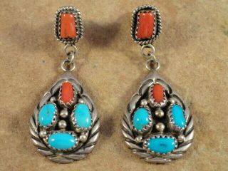 Vintage Pawn Navajo Sterling Silver Coral & Turquoise Earrings