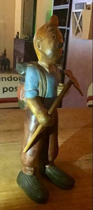 Extremely Rare Tintin Walking in the Mountains Old Wooden Figurine Statue 2