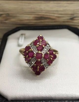Unique Vintage Diamond & Ruby Cluster Ring 14k Yellow Gold