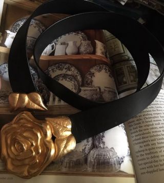 Vintage Doreen Ryan Rare Black Leather Gold Vermeil Sgnd Large Rose Buckle Belt