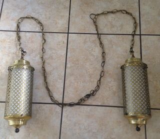 2 Vintage 17 " Mid Century Modern Cylindrical Gold Metal Mesh Swag Hanging Lamps