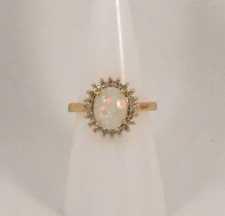 Vintage Jewellery Yellow Gold Opal Ring With White Sapphires Antique Jewelry Q