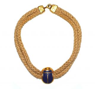 Vtg Kenneth Jay Lane Gold Enamel Egyptian Revival Scarab Rope Choker Necklace