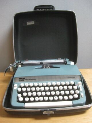 Vintage Blue Smith Corona Sterling Typewriter With Case White Keys