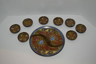 Vtg.  Gouda Pottery Charger Plate With 8 Pin Dish Set - Rhodian Made In Holland