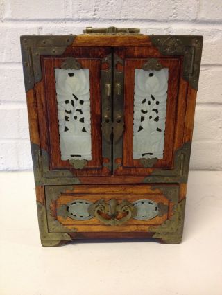 Vintage Asian Chinese Unusual Wood & Jade Inset Jewelry Box W/ Brass & Bat Dec.