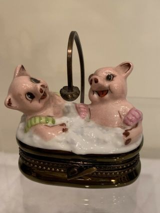 Vintage Limoges France Peint Main Signed Ld Limited Ed 44/500 Trinket Box Pigs