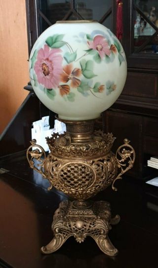 VINTAGE BANQUET OR GWTW BALL OIL LAMP SHADE H/P FLOWERS 5