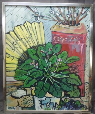 Vintage Oil Painting Expressionist Mid Century Modern Still Life Art Pottery Fan