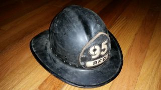 Vintage Fiberglass Fire Helmet Rfd Leather Badge 95 Reno? Raleigh? Racine?