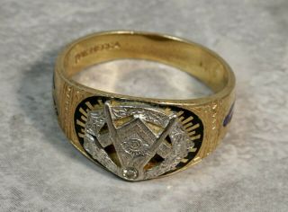 Vintage 10k Yellow Gold.  10ctw Diamond Master Masonic Enameled Ring 8 Grams
