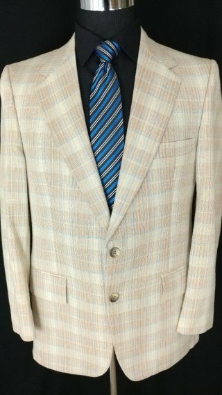 Vtg Botany 500 Linen Silk 2btn Sportcoat Windowpane Jacket Blue Beige Men 41/42r