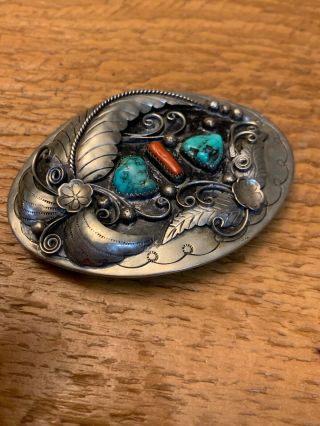 Vintage Navajo Sterling Silver Marked Buckle 76 Grams W/turquoise