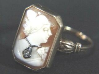 Vintage 10k Carved Shell Cameo Woman W/ Diamond,  Ring Size 6 - 1/4