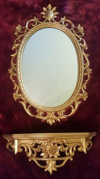 Hollywood Regency Vintage Ornate Gold Oval Mirror & Floral Shelf Mcmlxv Dart Co