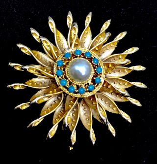 Vintage Brooch Gold Costume Sunshine Pin Faux Pearls Turquoise Statement