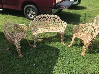 Vintage Ornate Cast Iron Patio Set (settee & 2 Chairs) Grapevine