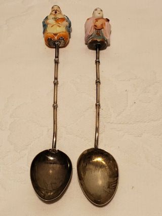 Set Of 2 Vintage Japan Sterling Silver & Porcelain Figural Demitasse Spoons