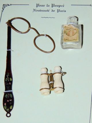 Antique Accessories French Doll Binoculars Lorgnette Perfume Bottle On Card
