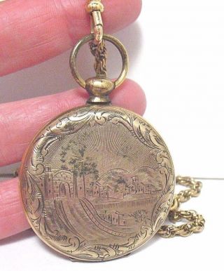 Antque Gold Filled Pocket Watch Case On Chain Necklace 39 Grams