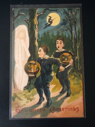 Vintage Halloween Postcard Signed E C Banks Saxony Unposted Boys Jack O Lantern