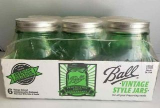 Vtg Style Green Ball Pint Mason Jars Lids Bands 6 Piece Set Us Ship