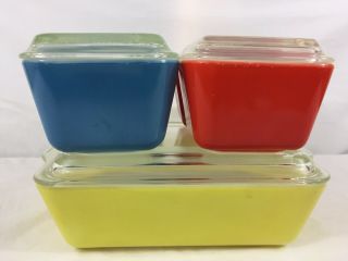 Vtg Pyrex 8 Piece Refrigerator Dish Set Primary Colors 501b 502b 503b With Lids