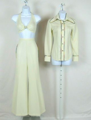 Vtg 1960s Mod Right On By Estivo 3 Piece Wide Leg Jumpsuit Cream Poly