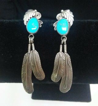 3 " Vintage Navajo Sterling Silver Turquoise Feather Earrings Signed " R "