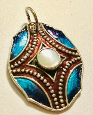Antique Arts & Crafts Silver,  Enamel & Mother Of Pearl Pendant