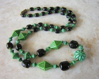 Vintage Art Deco Necklace Green And Black Glass Beads In Neiger Bros Style