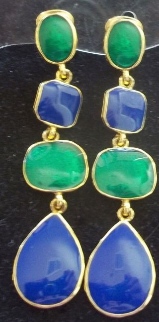 Kenneth J Lane Vintage Earrings Haute Couture Blue & Green Enamel Chandelier Dro