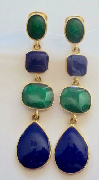 KENNETH J LANE Vintage Earrings Haute Couture Blue & Green Enamel Chandelier Dro 2