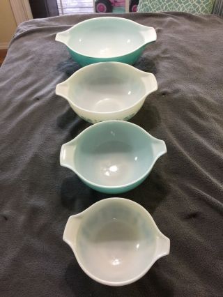 Vintage Pyrex Butterprint Turquoise Cinderella 4pc Mixing Bowls 2