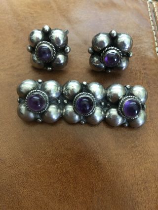 Vintage Mexico Mexican Early 1900’s Sterling Silver Amethyst Pin & Earrings