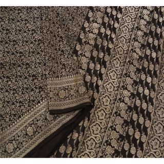 Sanskriti Vintage Black Heavy Saree Pure Satin Silk Banarasi Brocade Fabric Sari