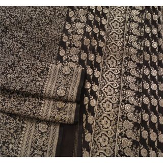 Sanskriti Vintage Black Heavy Saree Pure Satin Silk Banarasi Brocade Fabric Sari 3