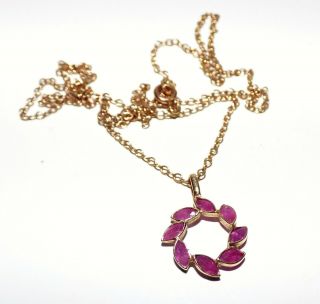 Vintage 9ct Gold & Ruby Pendant Necklace Laurel Leaf Flower Drop Pendant Cute