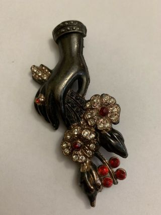 Gorgeous Antique Victorian Hand Figural Holding Rhinestone Flowers Brooch