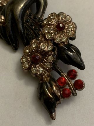 Gorgeous Antique Victorian Hand Figural holding Rhinestone flowers Brooch 2
