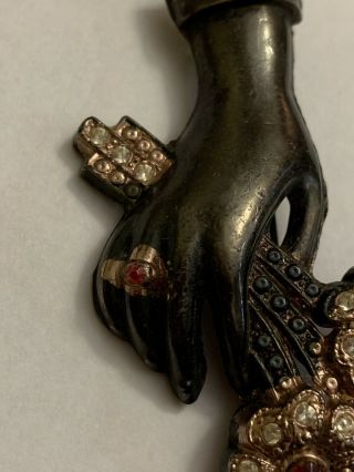 Gorgeous Antique Victorian Hand Figural holding Rhinestone flowers Brooch 3
