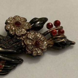 Gorgeous Antique Victorian Hand Figural holding Rhinestone flowers Brooch 8