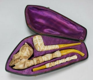3 Piece Vtg Hand Figural Carved Meerschaum Man In Turban Boxed Pipe Set Nr Wsc