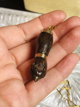 VTG Rare Old Wood Figa Mano Hand Charm Necklace Gold Filled Carved 3