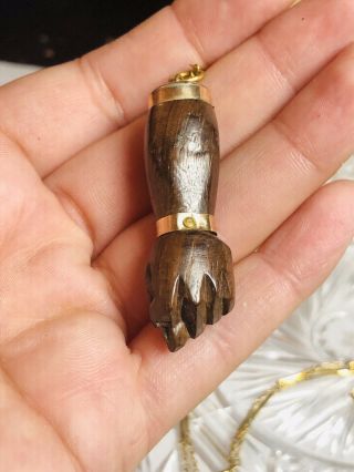 VTG Rare Old Wood Figa Mano Hand Charm Necklace Gold Filled Carved 5