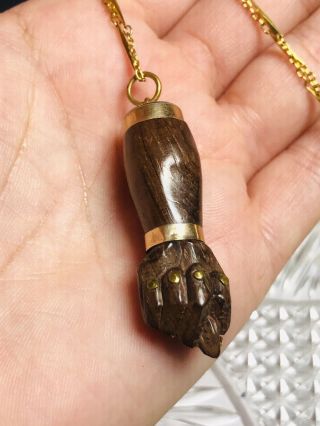 VTG Rare Old Wood Figa Mano Hand Charm Necklace Gold Filled Carved 7
