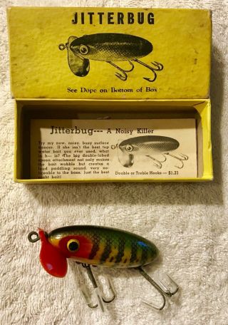 Nos Wood Wwii Fishing Lure Fred Arbogast Jitterbug In Perch Rare
