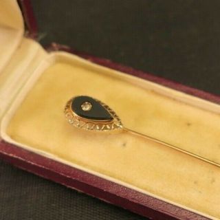 Antique Victorian 10k Gold Onyx & Diamond Stickpin 2 - 1/8 " Cravat Pin