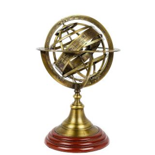 Antique Vintage Zodiac Armillary Brass Sphere Globe Wooden Display | Pirate 